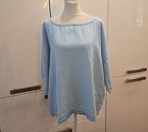 Eileen Fisher 100% Organic Linen Short Sleeve Top Blouse Light Blue Size Large